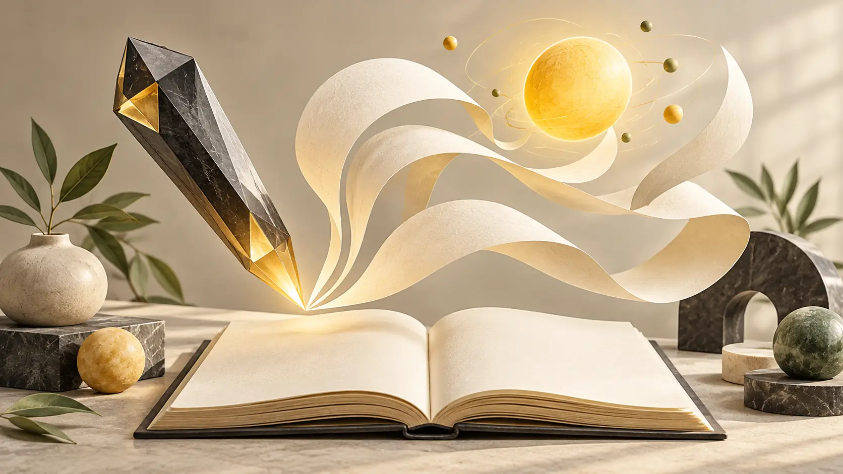 Гранёное перо над раскрытой книгой и ленты бумаги с жёлтой сферой.