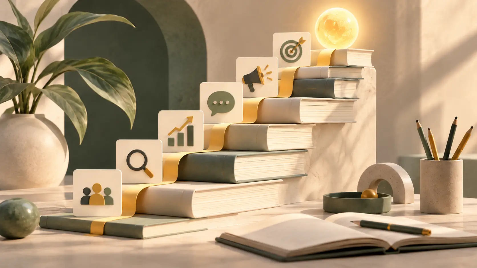Ступени из книг ведут к светящейся лампе и мишени.