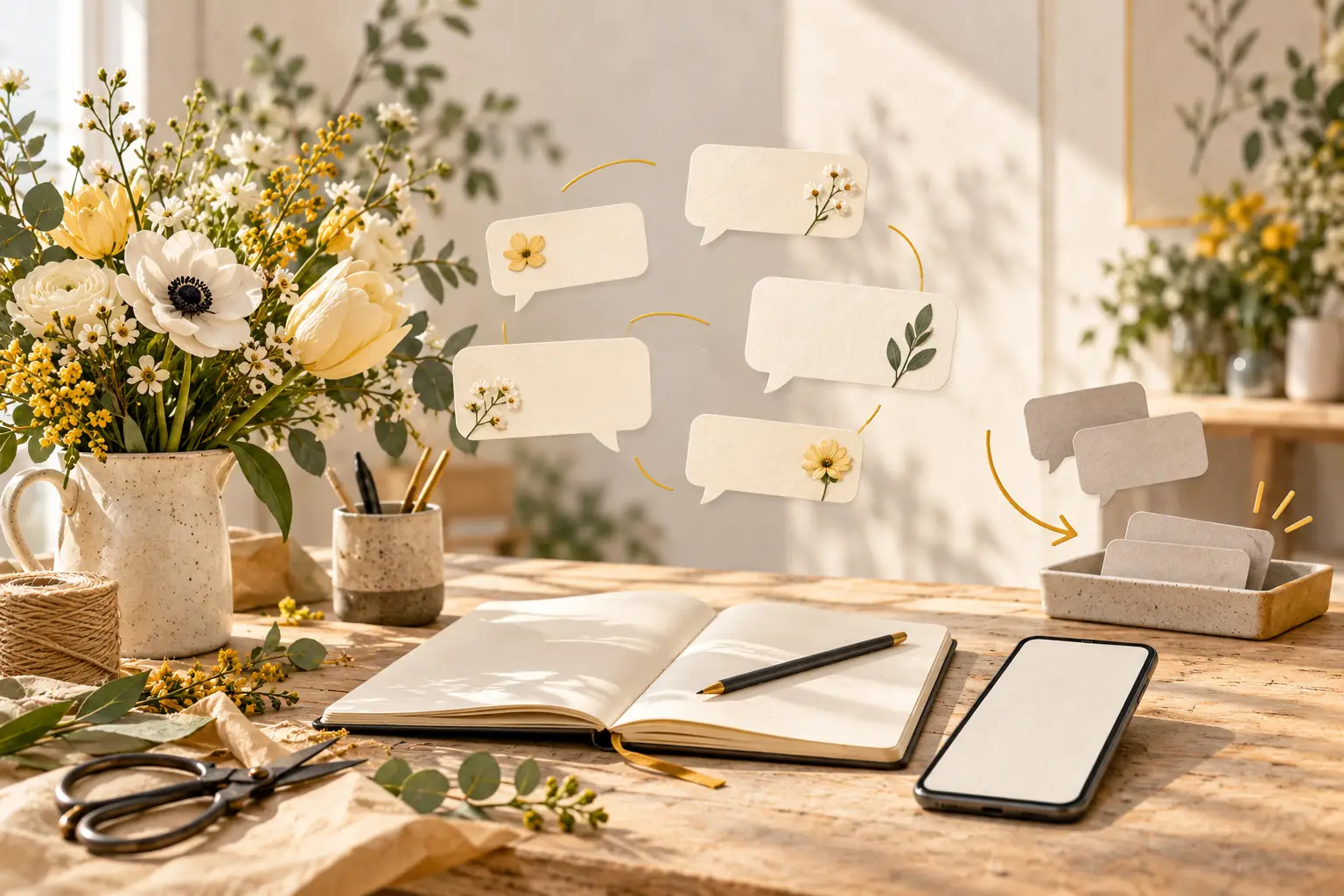 A bouquet in a flower studio with paper comment bubbles: the flower-themed ones remain visible, while grey ones are set aside in a tray.