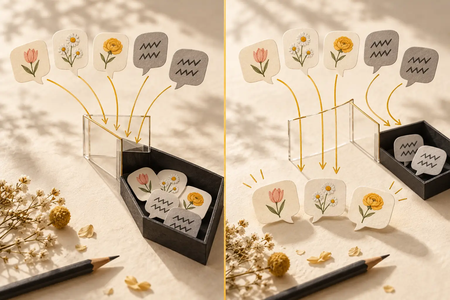 Two custom word lists compared: on the left, flower-themed comments are hidden along with spam; on the right, only the identical grey messages are separated out.