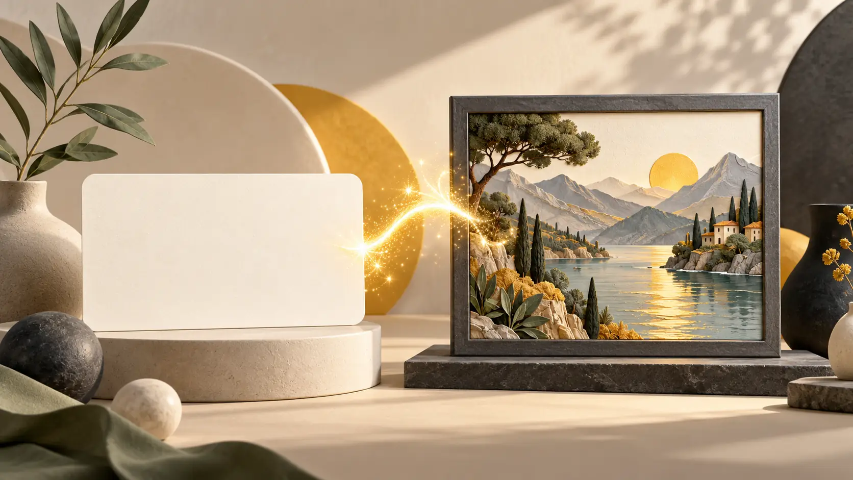 A glowing connection turns a prompt card into a framed landscape.