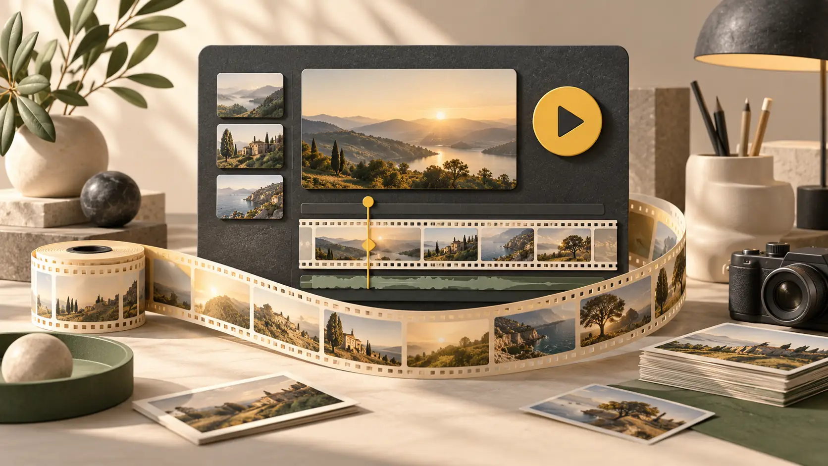 Landscapes, film strips and an editing timeline on a desk.