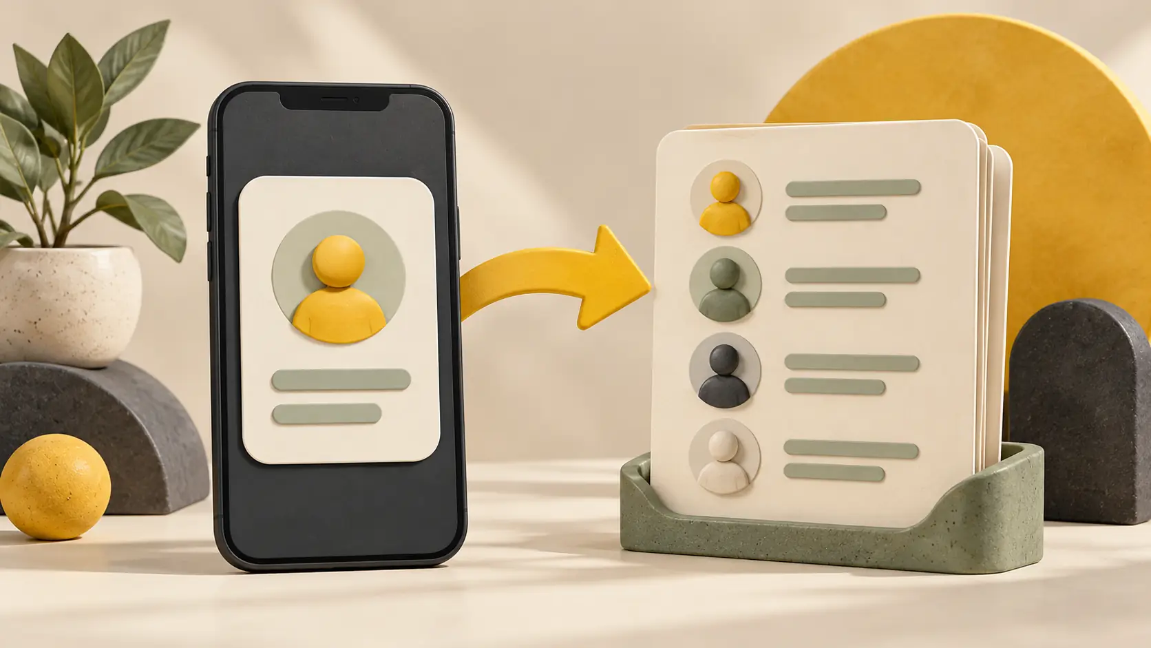 The profile card on the phone is connected by an arrow to the list of users.