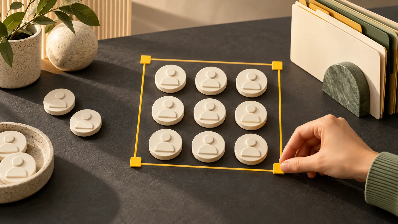 A group of user icons is highlighted with a yellow frame on the work surface.