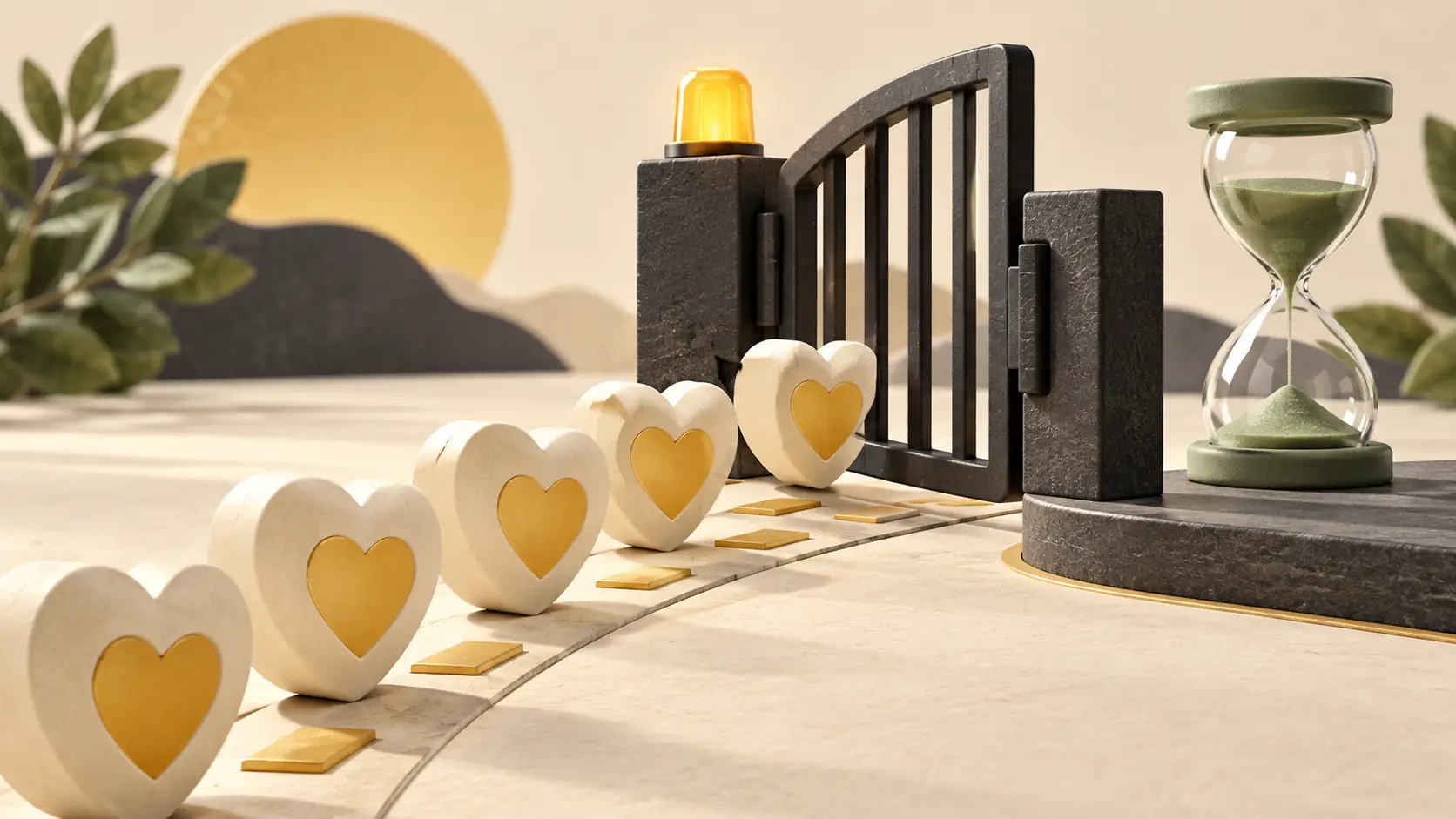 The line of hearts rests in a closed gate next to the hourglass.